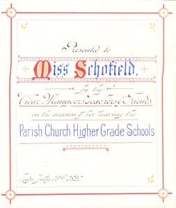 Photograph Album presented to Charlotte Elizabeth Schofield. Label inside album says - Presented to Miss Schofield by the Vicar, Managers, Teachers & Friends on the occassion of her leaving the Parish Church Higher Grade Schools. Leeds July 16th 1895.